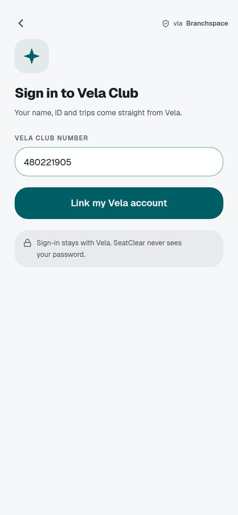 The app's sign-in screen for the Vela Club loyalty program